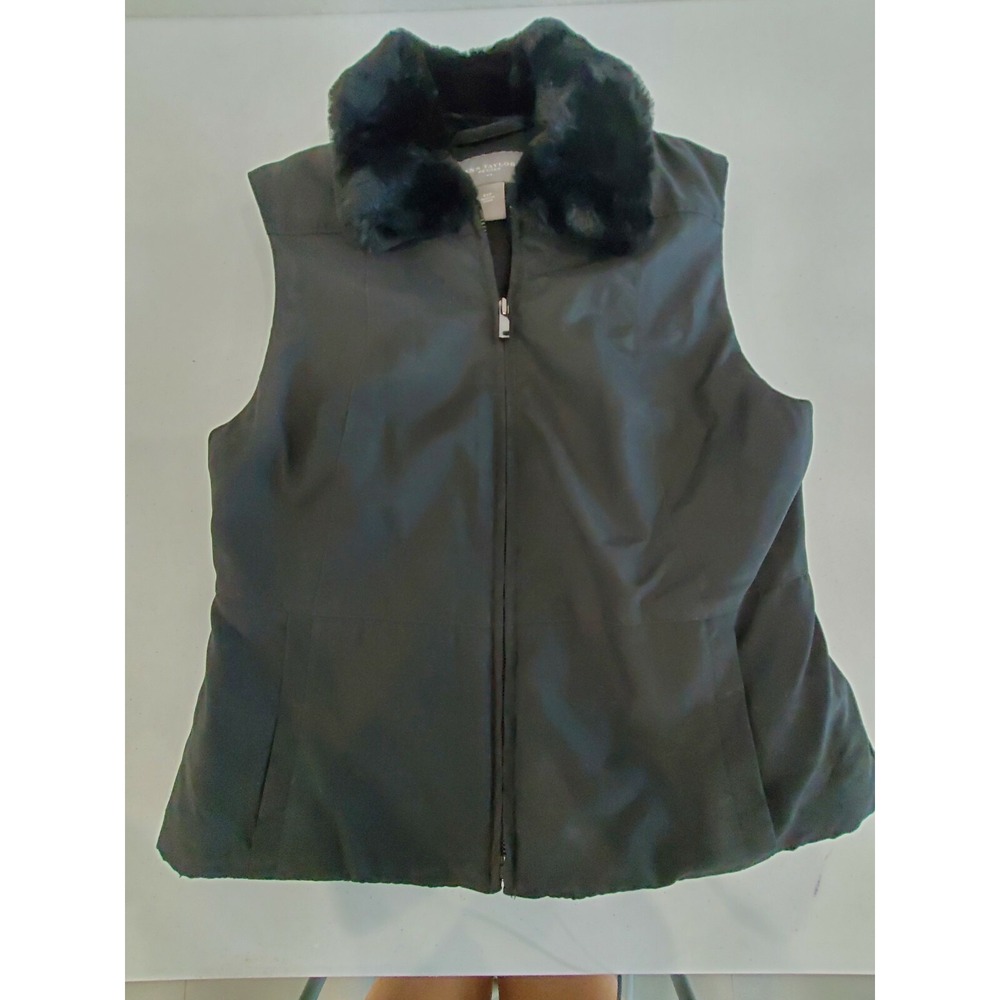 ANN TAYLOR Loft Black Down Fleece Faux Fur Collar VEST Sz  XS PETITE